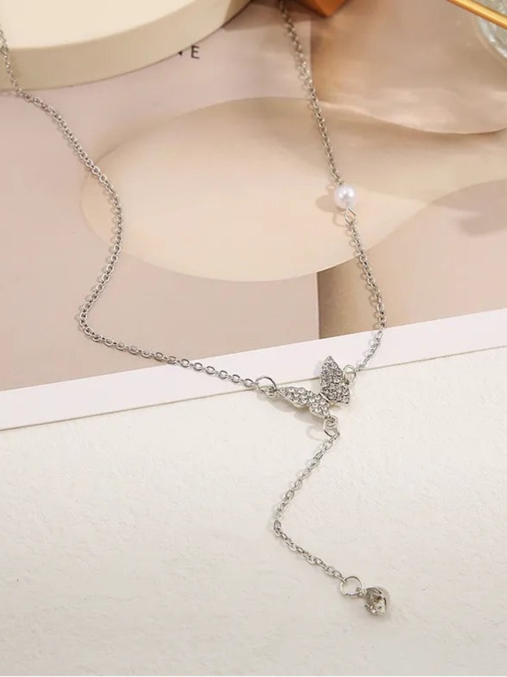 Women’s Silver Butterfly Pearl Drop Necklace